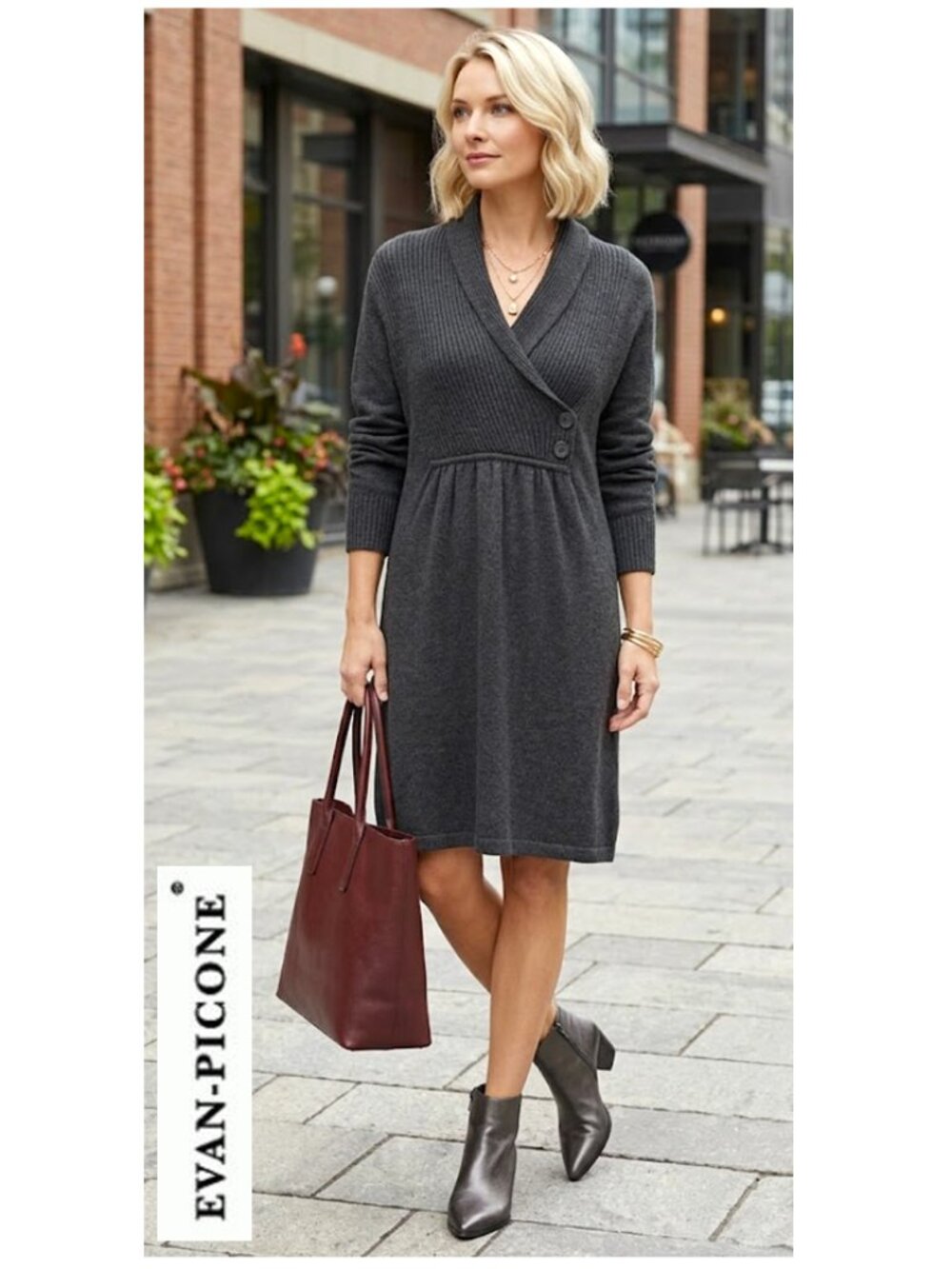 (3 for $30) EVAN PICONE- Charcoal gray wrap-over midi knit sweater dress